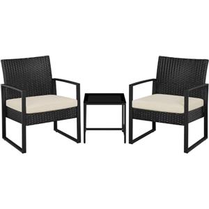 Yaheetech Set Mobili da Giardino in Poly Rattan 2 Sedie e Tavolino da Balcone con Cuscini Esterno Interno Nero/Beige