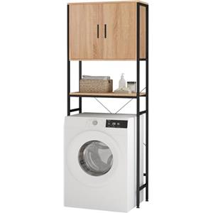 EUGAD Scaffale Sopra Lavatrice, Mobile Sopra WC, Scaffale da Bagno, Armadietto con Ripiano Regolabile e Ante, per Lavanderia, in Legno e Metallo, Nero+Rovere Chiaro, 64,5x27x170cm