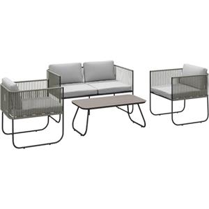 Outsunny Set di Mobili da Giardino in Rattan 4 Pezzi, Salotto da Esterno con Divanetto 2 Posti, 2 Poltrone, Tavolo da Caffè in Vetro e Cuscini Lavabili, Set Giardino Esterno in Acciaio, Grigio Chiaro