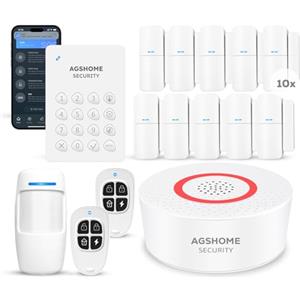 AGSHOME Sistema di Allarme Casa Senza Fili, Promemoria App push, Kit allarme Wi-Fi DIY con 1 sirena, 10sensori, 2 telecomandi e 1 sensore di movimento, 1 tastiera, Antifurto Casa lavora con Alexa