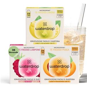 waterdrop MICRODRINK waterdrop® Tè Freddo Zero, Te LIMONE - PESCA - LAMPONE, 36 cubetti per acqua Microdrink, The Freddo senza zucchero Con Vitamina C & B3, Bevanda Analcolica, 36 Bustine - 18 Litri, Ice Tea