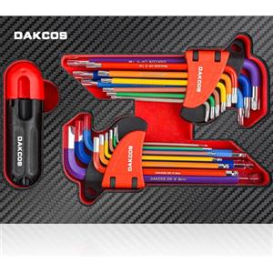 DAKCOS Set di 18 chiavi a brugola Torx a stella, 1,5-10 mm, con estremità sferica metrica, T10-T50, con custodia e impugnatura dinamometrica, set di chiavi a L con codifica a colori