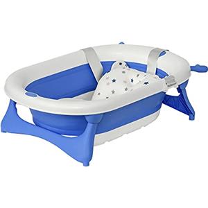 HOMCOM Vaschetta Bagnetto Pieghevole per Bambini 0-3 Anni con Indicatore di Temperatura e Cuscino, 81.5x50.5x23.5 cm, Blu