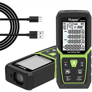 Huepar Misuratore Metro Laser Professionale 120M con Indicatore Elettronico Dell'angolo, Precisione +/- 2mm, Misurazione Della Distanza, Dell'area e del Volume, Display LCD, con Batteria Li-ion