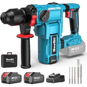Seesii Tassellatore a Batteria : 2 * 5000 mAh Batterias, 4,3 J Potente Trapano a Percussione, Con Motore Senza Spazzole, SDS-plus, Forare a Impatto e Scalpellare per Uso Domestico e Lavori Edili