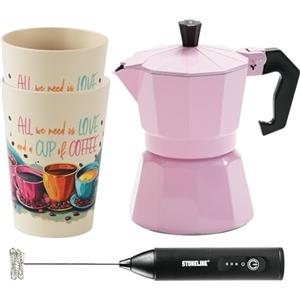 STONELINE Caffettiera Moka Induzione 4 Tazze 170 ml, Moka Espresso in Alluminio Pressofuso, Tutti i Piani Cottura anche a Induzione, Manico Antiscottatura, Set con Bicchieri e Montalatte, Rosa