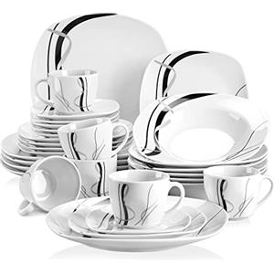 VEWEET FIONA Piatti Servizio in Ceramica Set di Posate 30 Pezzi con 6 Tazze 175 ml, 6 Piattini, 6 Piatti Piani, 6 Piatti Fondi e 6 Piatti da Dessert per 6 Persone