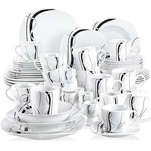VEWEET FIONA Piatti Servizio 6 Persone Servizio Combinati 50 Pezzi con Piatti Piani, Piatti da Dessert, Piatti Fondi, Ciotole, Tazze, Mugs, Piattini, Portauova, Zuccheriera e Bricco per Latte