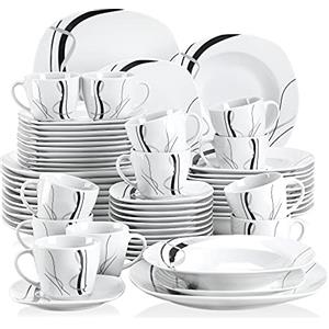 VEWEET FIONA Servizio di Piatti in Porcellana Stoviglie Set 60 Pezzi con 12 Tazze 175 ml, 12 Piattini, 12 Piatti Piani, 12 Piatti Fondi e 12 Piatti da Dessert per 12 Persone