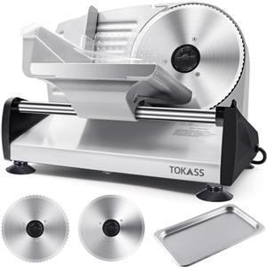 TOKASS Affettatrice Elettrica Multiuso,Acciaio Inossidabile,Robot da Cucina Regolabile,Affetta Salsicce,Taglia Pane,Taglia Prosciutto,Coltello Elettrico per Carne e Formaggio (200Watt+2 Lame+Argento)