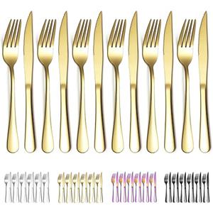 Evanda Set di coltelli da bistecca in oro 12 pezzi, placcatura in titanio oro in acciaio inossidabile 6 forchette e 6 set di coltelli da cena, forchette da bistecca per coltelli da bistecca