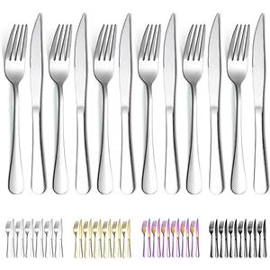 Evanda Set di coltelli da bistecca 12 pezzi, set 6 forchette in acciaio inox e 6 set coltelli da cena, coltelli da bistecca Forchette da bistecca, lavabile in lavastoviglie