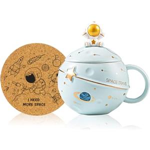 Yalucky Tazza da astronauta kawaii, tazza da pianeta, tazza da caffè in ceramica carina, tazza novità con coperchio e cucchiaio per tè/latte, regalo di compleanno divertente per ragazza ragazzo donna (blu)