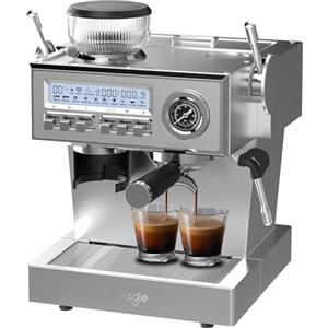 iceagle Macchina Caffè Espresso con Pompa Italiana da 20 bar, Macinacaffè, Portafiltro, Macchina per Caffè con Cappuccinatore Kit Barista, 3 Temperature, 25 Livelli di Macinatura, 1,6 Litri, 2050W