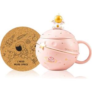Yalucky Tazza da astronauta kawaii, tazza da pianeta, tazza da caffè in ceramica carina, tazza novità con coperchio e cucchiaio per tè/latte, regalo di compleanno divertente per ragazza ragazzo donna (rosa)