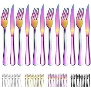 Evanda Set di coltelli da bistecca arcobaleno 12 pezzi, 6 forchette in acciaio inossidabile in acciaio inossidabile arcobaleno e 6 set di coltelli da cena, forchette da bistecca coltelli da bistecca