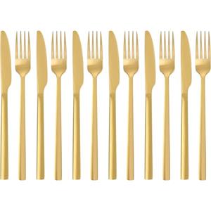 QUCHER 12 pezzi di set di posate 18/8 in acciaio inossidabile, 6 × coltello da tavola-6 × forchetta, lavastoviglie facile da pulire e lavabile (12.oro)