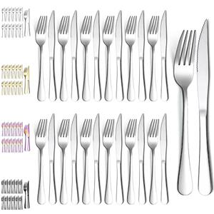 Evanda Set di coltelli da bistecca 24 pezzi, set 12 forchette in acciaio inox e 12 set coltelli da cena, coltelli da bistecca Forchette da bistecca, lavabile in lavastoviglie