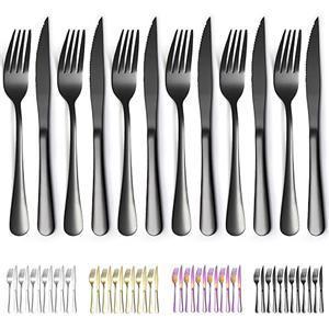 Evanda Set di coltelli da bistecca neri 12 pezzi, 6 forchette in acciaio inossidabile in acciaio inossidabile nero e 6 set di coltelli da cena, forchette da bistecca coltelli da bistecca
