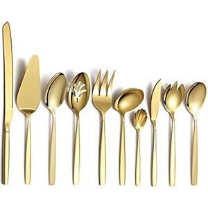 Berglander set di posate in argento dorato 10 pezzi, cucchiai da portata in acciaio inossidabile placcato in titanio dorato, utensili da portata in argento, antiruggine (10 pezzi)
