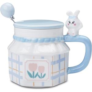 ZONSUSE Tazza da Caffè Coniglio 3D Con Coperchio e Cucchiaio, Motivo a Tulipano, Regalo Divertente per Uomini e Donne, 350ml (Coniglietto Blu)