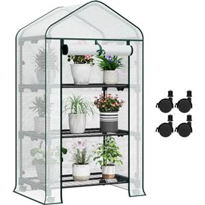 WOLTU Serra da Giardino, con Ruote, Serra da Balcone, 70x50x130cm, Copertura in PE 140g/m², Porta a Zip Avvolgibile, Serra per Svernamento con 3/4 Ripiani, per Interni ed Esterni, Bianco