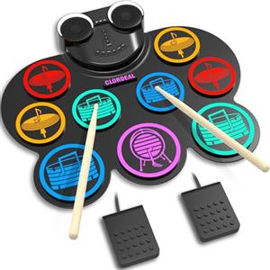 Clordeal Batteria Elettronica Portatile con Bluetooth e MIDI - 9 Pads Batteria Elettrica, Altoparlanti Stereo Integrati, Batteria Ricaricabile, Ideale Regalo Natale e Compleanno per Bambini e Adulti