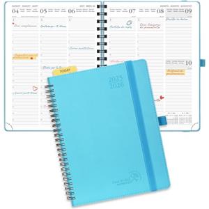 POPRUN Agenda Settimanale 2025 2026 Spirale 22 x 16,5 cm, Weekly Planner 17 Mesi da Ago.2025 a Dic.2026, Righello in Plastica, Copertina Morbida in Pelle Vegana e Carta Spessa da 80 GSM, Blu Verde