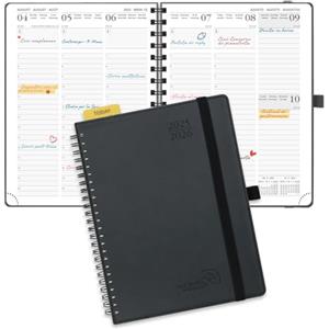 POPRUN Agenda Settimanale 2025 2026 Spirale 22 x 16,5 cm, Weekly Planner 17 Mesi da Ago.2025 a Dic.2026, Righello in Plastica, Copertina Morbida in Pelle Vegana e Carta Spessa da 80 GSM, Nero