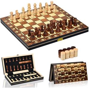Aissom Scacchiera in Legno,2 in 1 Scacchiera Pieghevole,Magnetici Scacchi, Backgammon con slot di archiviazione, Dama per Bambini e Adulti Feste (29 * 29cm)