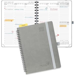 POPRUN Agenda Settimanale 2025 2026 Spirale 22 x 16,5 cm, Weekly Planner 17 Mesi da Ago.2025 a Dic.2026, Righello in Plastica, Copertina Morbida in Pelle Vegana e Carta Spessa da 80 GSM, Grigio