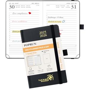 POPRUN Agenda 2025 2026 Giornaliera Piccola 16 x 10,5 cm, Planner A6 12 Mesi da Ago.2025 a Lug.2026, Copertina Rigida, 1 Giorno 1 Pagina da Lun a Dom, Carta Spessa da 70 GSM, Nero