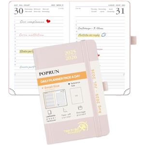 POPRUN Agenda 2025 2026 Giornaliera Piccola 16 x 10,5 cm, Planner A6 12 Mesi da Ago.2025 a Lug.2026, Copertina Rigida, 1 Giorno 1 Pagina da Lun a Dom, Carta Spessa da 70 GSM, Rosa Chiaro