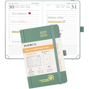 POPRUN Agenda 2025 2026 Giornaliera Piccola 16 x 10,5 cm, Planner A6 12 Mesi da Ago.2025 a Lug.2026, Copertina Rigida, 1 Giorno 1 Pagina da Lun a Dom, Carta Spessa da 70 GSM, Verde Mezzanotte