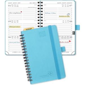 POPRUN Agenda 2025 2026 Piccola 16 x 10,5 cm, Agenda Settimanale A6 Spirale 17 Mesi da Ago.25 a Dic.26, Copertina Morbida in Pelle Vegana, Carta Spessa da 80 GSM, Blu Verde
