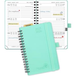 POPRUN Agenda 2025 2026 Piccola 16 x 10,5 cm, Agenda Settimanale A6 Spirale 17 Mesi da Ago.25 a Dic.26, Copertina Morbida in Pelle Vegana, Carta Spessa da 80 GSM, Verde