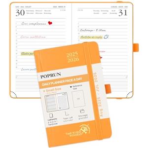 POPRUN Agenda 2025 2026 Giornaliera Piccola 16 x 10,5 cm, Planner A6 12 Mesi da Ago.2025 a Lug.2026, Copertina Rigida, 1 Giorno 1 Pagina da Lun a Dom, Carta Spessa da 70 GSM, Arancione