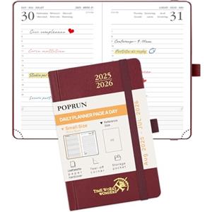 POPRUN Agenda 2025 2026 Giornaliera Piccola 16 x 10,5 cm, Planner A6 12 Mesi da Ago.2025 a Lug.2026, Copertina Rigida, 1 Giorno 1 Pagina da Lun a Dom, Carta Spessa da 70 GSM, Borgogna