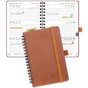POPRUN Agenda 2025 2026 Piccola 16 x 10,5 cm, Agenda Settimanale A6 Spirale 17 Mesi da Ago.25 a Dic.26, Copertina Morbida in Pelle Vegana, Carta Spessa da 80 GSM, Marrone