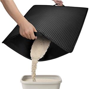 Conlun Tappetino Lettiera Gatto con Manici,Tappeto Lettiera Gatto a Doppio Strato con Design a Nido d'ape per Controllo della Dispersione,Tappeto Gatti con Strato Antiscivolo Retro(Nero,76x54.5cm)