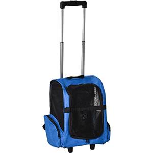 PawHut Trasportino Zaino 2 in 1 per Cani e Gatti con Tasche Laterali, Maniglia Telescopica e Ruote, 42x25x55cm, Blu