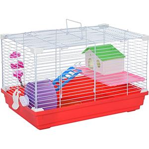 PawHut Gabbia per Criceti a 2 Livelli in Metallo e PP con Casetta, Serbatoio dell'acqua, Ruota e Piattini, 47x30x27 cm, Rosso e Bianco