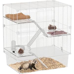 PawHut Gabbia per Roditori Multilivello con Accessori Inclusi, Gabbia per Criceti in Acciaio, PET e PS, 73x47x80 cm, Bianco