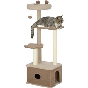PawHut Albero Tiragraffi per Gatti con Piattaforme di Salto, Lettino e Casetta, Castello per Gatti in Cashmere e Legno, 48x40x133 cm, Marrone