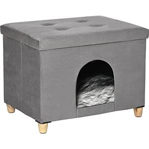 PawHut Casetta per Gatti Pouf Poggiapiedi con Cuscino Rimovibile e Lavabile, Sgabello Poggiapiedi con Cuccia e Piedini, Grigio