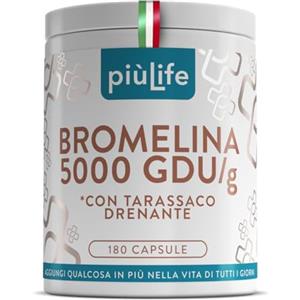 +LIFE Bromelina Extra Forte Drenante 5000 GDU/g 180 Capsule PiùLife, 1200mg Bromelina Strong Con Estratto Di Tarassaco Drenante Naturale (3 Per Dose), Enzima Digestivo Gonfiore Addominale Microcircolo