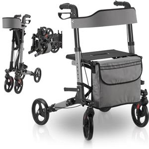 Juskys Rollator Vital grigio - Rollator pieghevole in alluminio, fino a 130 kg. Altezza regolabile con sedile, borsa e supporto per ombrello