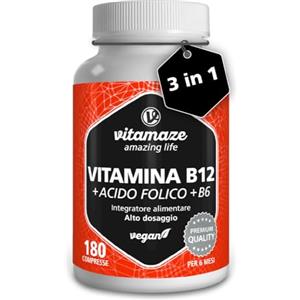 Vitamaze - amazing life Vitamina B12 1000 mcg + 375 mcg Acido Folico + Vitamina B6 ad alto Dosaggio (6 mesi di trattamento) 180 Compresse Vegan, Qualità Tedesca. Vitamaze®
