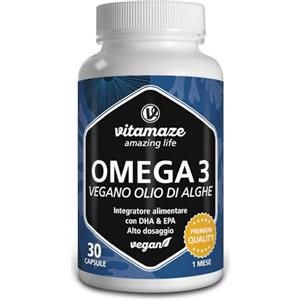 Vitamaze - amazing life Vitamaze® Omega 3 Vegan, 1080 mg, 30 giorni con 375 mg di DHA e 125 mg di EPA per 1 capsula al giorno di Olio di Alghe Omega 3 vegano, Omega 3 vegetale di alta qualità, massima biodisponibilità