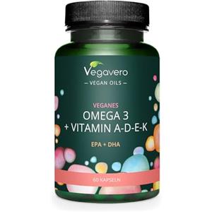 Vegavero Omega 3 VEGAN | + Vitamina D3, K2, E, A | DHA + EPA | con olio di alghe Premium Life's™ OMEGA Pressato a Freddo | Vitamine ADEK | 60 capsule vegane | Vegavero®